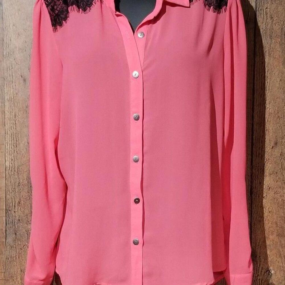 Vanity Top Large pink & Black Lace Cut out Semi Sheer Open Back Button blouse